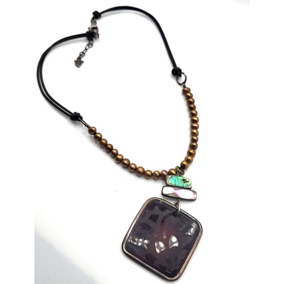 Silpada Gold Pearl, Abalone, Silver Brown Glass Pendant 90s Bohemian 18.5in - Picture 2 of 6